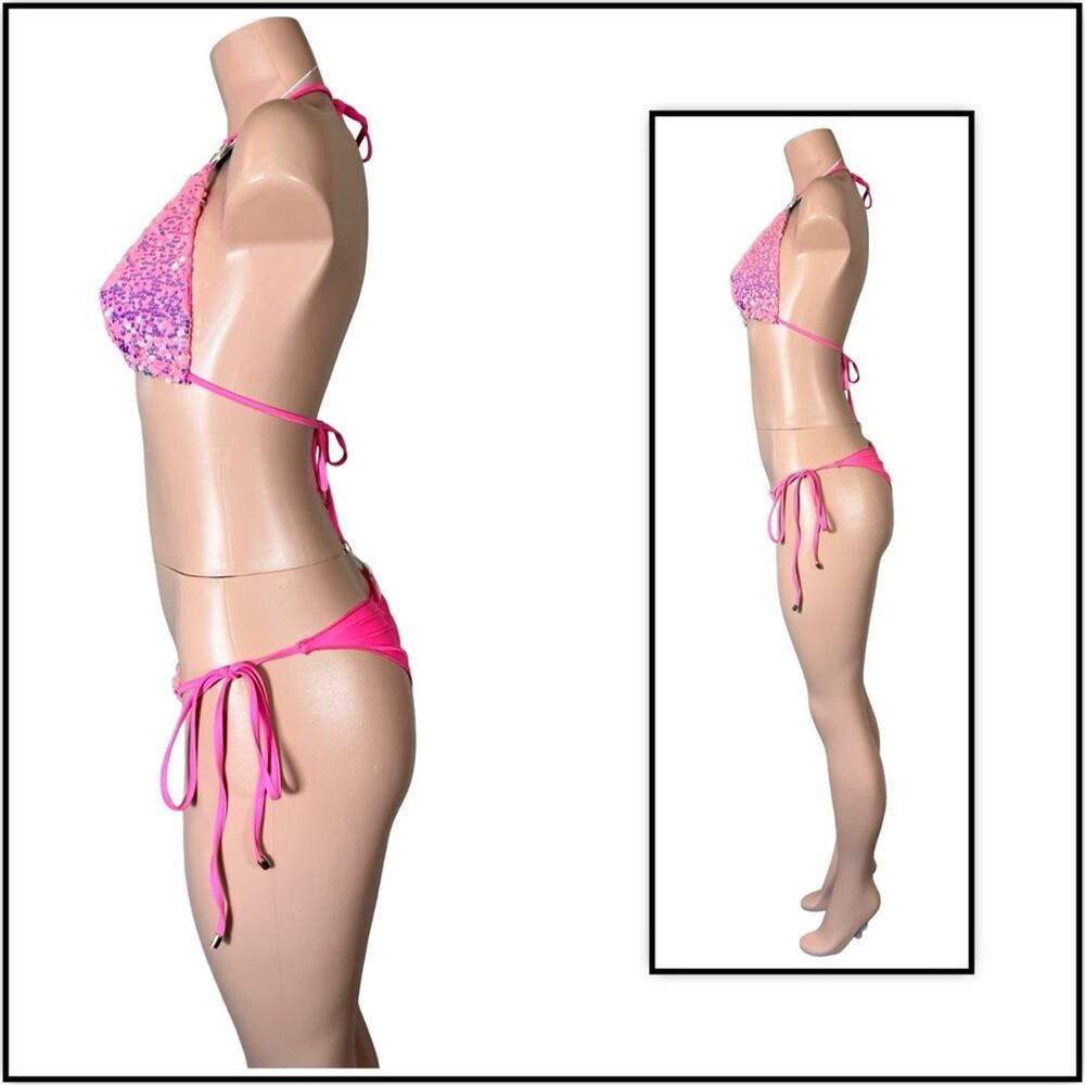 Beach Bunny Pink Icon DD Triangle Top & L Icon Tie Side Skimpy Bottom $250 - Picture 5 of 14